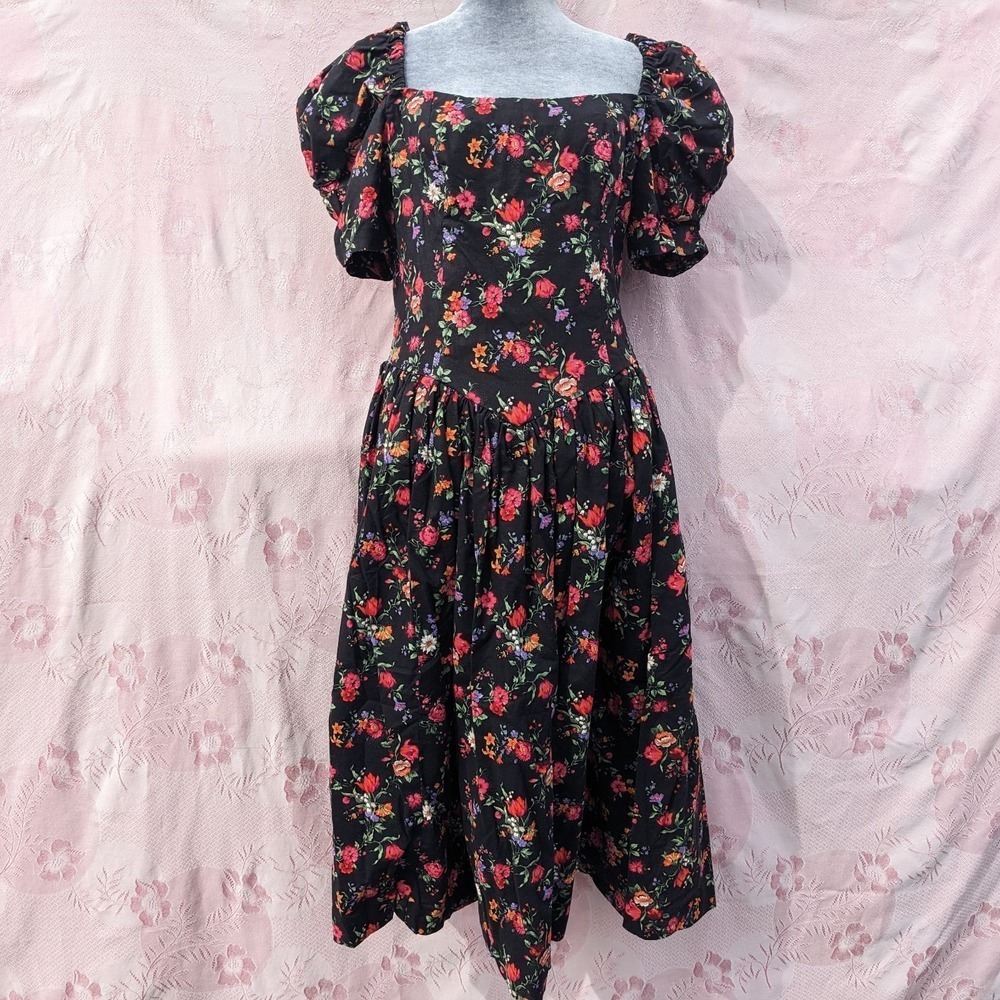 Vintage Dark Floral Puff Sleeve Dress L/12 Black Midi Cottagecore 80s Romantic